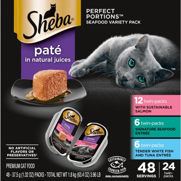 Sheba Perfect Portions Wet Cat Food Pate With Sustainable Salmon, Signature Seafood Entree, and Tender White Fish and Tuna Entree Variety Pack, 2.6 oz. Twin Pack Trays (24 Count, 48 Servings)