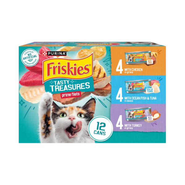 Purina Friskies Wet Cat Food Variety Pack, Tasty Treasures Prime Filets (With Ocean Fish and Tuna, With Chicken and With Turkey) - (Pack of 12) 5.5 oz. Cans